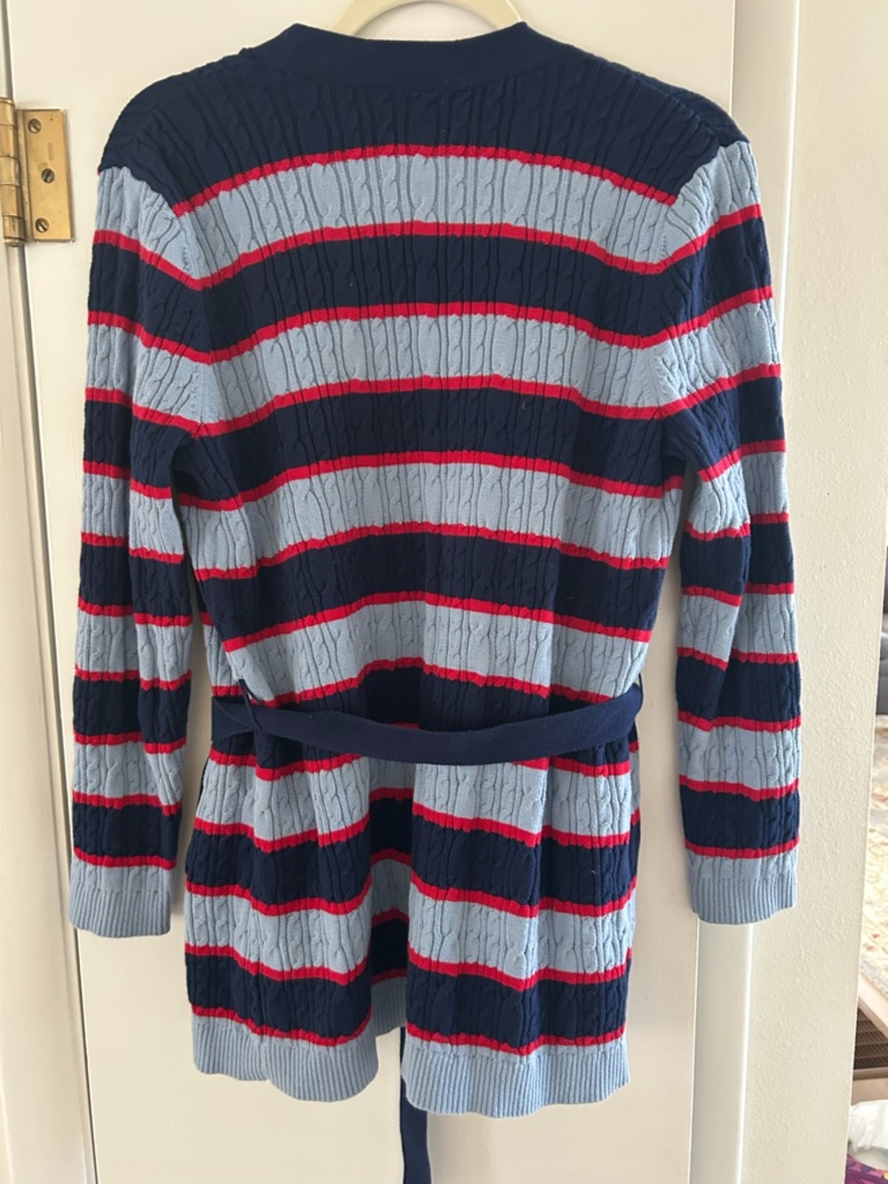 Lands' End Navy, Light Blue & Red Striped Cable-Knit Belted Cardigan - Picture 2 of 6